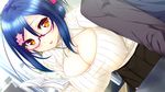  1girl :d alternate_hairstyle bangs bespectacled blue_hair blush book breasts cherry_blossoms classroom cleavage cleavage_cutout covered_nipples cowboy_shot crescent desk dutch_angle folded_ponytail game_cg glasses hair_between_eyes hair_ornament hair_up hairclip holding holding_book indoors jewelry kagami_suzuha large_breasts leaning_forward lens_flare light_rays long_sleeves looking_at_viewer meme_attire multicolored multicolored_eyes necklace open-chest_sweater open_book open_mouth orange_eyes out_of_frame pink-framed_eyewear pleated_skirt puffy_nipples purple_eyes ren'ai_phase ribbed_sweater semi-rimless_eyewear shiny shiny_hair sidelocks skirt smile solo_focus sunbeam sunlight sweater taut_clothes turtleneck under-rim_eyewear usume_shirou window 