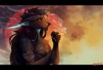  2018 5_fingers anthro black_bars blue_eyes canine digital_media_(artwork) hybrid male mammal ravoilie smoking solo 