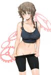  amane_suzuha bare_shoulders bike_shorts bike_shorts_pull blush breasts brown_eyes brown_hair cleavage crop_top groin highres large_breasts looking_at_viewer midriff navel short_hair shoumaru_(gadget_box) smile solo steins;gate stomach 