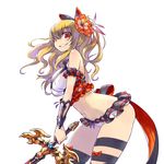  arm_garter bikini blonde_hair blush bow breasts chan_co cowboy_shot flower granblue_fantasy hair_bow hair_flower hair_ornament hair_over_one_eye hibiscus large_breasts long_hair looking_at_viewer navel ponytail red_eyes simple_background smile solo swimsuit sword thighhighs vira_lilie weapon white_background 