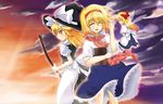  alice_margatroid apron ascot blonde_hair blush book broom capelet closed_eyes grimoire hairband hat holding holding_book kirisame_marisa long_hair multiple_girls open_mouth shanghai_doll short_hair smile snowdust_(pixiv) sunset touhou waist_apron witch_hat yellow_eyes 