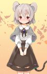  adapted_costume akagashi_hagane alternate_costume animal_ears blush capelet full-face_blush gem gradient gradient_background grey_hair leaf long_sleeves looking_at_viewer mouse_ears mouse_tail nazrin red_eyes ribbon shirt short_hair skirt solo tail touhou 