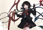  asymmetrical_wings bad_id bad_twitter_id black_dress black_hair dress fangs houjuu_nue ichiba_youichi long_sleeves one_eye_closed open_mouth polearm red_eyes ribbon short_hair smile snake solo touhou trident vest weapon wings 
