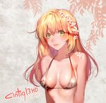  bikini blonde_hair blush breasts caesty character_request cleavage flower green_eyes hair_between_eyes hair_flower hair_ornament lips long_hair medium_breasts nose solo swimsuit upper_body 