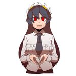  black_hair breasts filia_(skullgirls) heart heart_hands higa_norio large_breasts long_hair looking_at_viewer red_eyes samson_(skullgirls) simple_background skullgirls solo white_background 