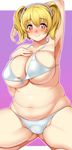  arm_behind_head arm_up armpits bad_id bad_twitter_id bikini blonde_hair blush breasts hand_on_own_chest headphones heart heart-shaped_pupils large_breasts looking_at_viewer navel nitroplus obese plump red_eyes short_hair smile solo super_pochaco swimsuit symbol-shaped_pupils twintails vuccha 