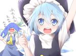  arm_up ascot black_dress blue_dress blue_eyes blue_hair cirno clothes_sniffing commentary_request cosplay daiyousei dress drooling fairy_wings female_pervert fist_pump green_hair hair_ribbon hat highres hiro_(pqtks113) ice ice_wings kirisame_marisa kirisame_marisa_(cosplay) multiple_girls open_mouth pervert ribbon round_teeth shirt side_ponytail smelling smile teeth touhou translated wings witch_hat 