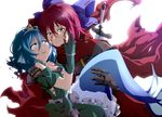  armor black_gloves blood blood_on_face blue_eyes blue_hair bow bwell cape carrying crying gloves hair_bow hand_on_another's_face head_fins knight mermaid monster_girl multiple_girls open_mouth princess_carry red_eyes red_hair sekibanki smile tiara touhou wakasagihime yuri 