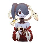 bare_shoulders blue_hair blue_skin breasts hair_over_one_eye heart heart_hands higa_norio leviathan_(skullgirls) looking_at_viewer red_eyes short_hair side_ponytail simple_background skeleton skullgirls small_breasts solo squigly_(skullgirls) white_background zombie 