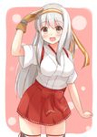  :d breasts brown_eyes chaa_(korone-ze) gloves hakama_skirt headband highres japanese_clothes kantai_collection large_breasts long_hair open_mouth remodel_(kantai_collection) shoukaku_(kantai_collection) silver_hair smile solo tasuki thighhighs zettai_ryouiki 