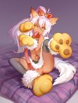  animal_ears bad_id bad_pixiv_id chloe_von_einzbern collar dark_skin fate/kaleid_liner_prisma_illya fate_(series) gloves long_hair looking_at_viewer mouth_hold no_panties observerz paw_gloves paw_shoes paws pink_hair pussy shoes solo tail thighhighs yellow_eyes 