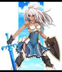  &gt;:( armor armored_boots armored_dress bangs bare_arms black_legwear blue_dress blue_sky boots breasts brown_gloves cleavage cloud collarbone cowboy_shot dark_skin day dress eyes_visible_through_hair frown gloves granblue_fantasy hair_between_eyes holding holding_sword holding_weapon jewelry letterboxed long_hair medium_breasts miranko neck_ring outline red_eyes shield short_dress sky solo strapless strapless_dress sword thighhighs v-shaped_eyebrows weapon white_hair zettai_ryouiki zooey_(granblue_fantasy) 