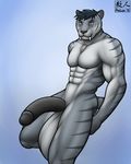  2015 abs anthro aolun balls biceps big_balls big_penis black_penis blue_fur blue_hair fangs feline fur grey_fur hair half-erect humanoid_penis hyper hyper_penis looking_at_viewer male mammal markings muscular nude pecs penis saber-toothed_cat solo stripes yellow_eyes 