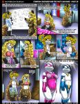  2018 anthro blonde_hair blue_eyes bra brown_fur canine clothed clothing comic condom condom_crusader duo english_text fangs female firecat fox fur green_eyes hair kit_(kitsune_youkai) kitsune_youkai male mammal multicolored_fur open_mouth orgasm rubber_lass teeth text underwear white_fur 