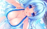  ahoge ayasaki_yuu bangs bikini blue_bikini blue_eyes blue_hair blunt_bangs blush boku_to_koi_suru_ponkotsu_akuma. breasts cleavage cloud collarbone day dutch_angle game_cg hair_intakes hair_ornament hanging_breasts large_breasts long_hair looking_at_viewer open_mouth sarong sayori see-through sky solo swimsuit 