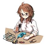  bobomaster brown_eyes brown_hair defense_distributed_liberator glasses gloves gun handgun pincers screwdriver shirt solo table touhou upper_body usami_sumireko weapon white_gloves 