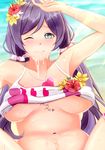  absurdres bad_id bad_pixiv_id bikini_top blush breasts flower green_eyes hair_flower hair_ornament highres large_breasts long_hair looking_at_viewer love_live! love_live!_school_idol_project one_eye_closed purple_hair smile solo suggestive_fluid toujou_nozomi twintails yeyebirdie 