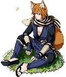  animal_ears arm_guards bug butterfly copyright_name fire_emblem fire_emblem_if fox_boy fox_ears fox_tail full_body grass himasen insect japanese_clothes male_focus nishiki_(fire_emblem_if) orange_eyes orange_hair sandals scarf simple_background sitting solo striped striped_scarf tail 