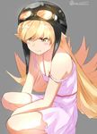  bakemonogatari blonde_hair blush_stickers breasts collarbone dress fang goggles goggles_on_headwear grey_background helmet isshiki_(ffmania7) long_hair monogatari_(series) oshino_shinobu simple_background small_breasts solo squatting strap_slip twitter_username yellow_eyes 