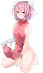  bandaged_arm bandages bare_shoulders barefoot blush breasts bun_cover colorized cuffs double_bun flower full-face_blush full_body ibaraki_kasen kneeling looking_at_viewer medium_breasts naked_tabard pink_hair red_eyes rose short_hair sideboob simple_background sketch solo tabard touhou white_background wowoguni 