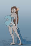  4_toes anthro blanket blue_background breasts brown_eyes brown_hair clothing female fur grey_fur hair long_hair mammal mouse open_mouth panties pillow rodent simple_background slim small_breasts solo standing t-kay teddy tired toes underwear white_sclera 