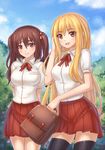  arms_behind_back bag blonde_hair blue_sky blush bow bowtie brown_eyes brown_hair commentary_request cowboy_shot day doma_umaru ebina_nana hair_ornament hand_in_hair himouto!_umaru-chan kaizeru multiple_girls outdoors red_skirt school_bag school_uniform shirt short_sleeves skirt sky thighhighs twintails white_shirt zettai_ryouiki 