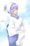  ^_^ absurdres alternate_costume blue_hair blush breasts closed_eyes gradient_hair head_scarf highres housewife japanese_clothes kappougi kimono kokka_han large_breasts letty_whiterock multicolored_hair plump purple_hair short_hair smile solo tenugui touhou two-tone_hair 