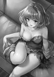  bad_anatomy breast_slip breasts from_above greyscale idolmaster idolmaster_cinderella_girls mole mole_under_eye monochrome morimiya_masayuki one_breast_out panties pantyshot pantyshot_(sitting) short_hair sitting solo takagaki_kaede underwear 