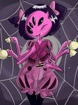  2015 anthro arachnid arthropod black_eyes black_hair blush clothing colored dress eating fangs female fork hair hair_bow muffet multi_limb multiple_eyes one_eye_closed purple_skin smile solo spider tea_cup tea_pot undertale vono 