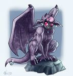  anthro breasts clothed clothing cloven_hooves costume crouching ear_piercing eyewear female furry-specific_piercing gargoyle glasses hooves membranous_wings piercing pince-nez pose red_eyes skinsuit solo vera wings zipper 