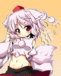  animal_ears blush breasts detached_sleeves groin hand_on_head hat inubashiri_momiji looking_at_viewer medium_breasts midriff navel pom_pom_(clothes) red_eyes short_hair silver_hair simple_background skirt smile solo tail takasegawa_yui tokin_hat touhou translated wolf_ears wolf_tail yellow_background 