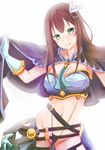  absurdres armor bad_id bad_pixiv_id bikini_armor brown_hair cape gloves granblue_fantasy green_eyes hair_ornament highres idolmaster idolmaster_cinderella_girls long_hair navel partially_visible_vulva shibuya_rin solo yeyebirdie 