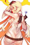  1girl ahoge arc_system_works ass backboob belt blonde_hair bodysuit breasts candy from_behind gloves guilty_gear guilty_gear_xrd guilty_gear_xrd:_revelator halo holding_head jack-o_(guilty_gear) large_breasts lollipop long_hair looking_back pantylines red_eyes shiny shiny_clothes skin_tight solo tight very_long_hair 