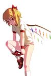  blonde_hair blush bobomaster buruma buruma_around_one_leg flandre_scarlet gym_uniform highres kneehighs open_mouth panties red_eyes shoes short_hair side_ponytail sneakers solo striped striped_panties sweat touhou underwear undressing white_legwear wings 