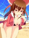  beach bikini_top breasts brown_hair cleavage day hair_ribbon hair_tubes hakurei_reimu heart heart-shaped_pupils highres jacket jacket_over_swimsuit large_breasts leaning_forward long_hair looking_at_viewer ocean ribbon se-u-ra solo swimsuit symbol-shaped_pupils tongue tongue_out touhou 