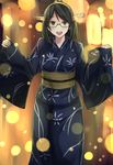  absurdres black_eyes black_hair breasts burai_yuuki glasses green-framed_eyewear highres japanese_clothes kantai_collection kimono kirishima_(kantai_collection) medium_breasts open_mouth smile solo yukata 