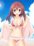  bangs bare_arms bare_shoulders beach beige_towel bikini blush breasts cleavage cloud cloudy_sky collarbone cowboy_shot day ebina_nana eyebrows_visible_through_hair frilled_bikini frills hair_between_eyes hair_ornament highres himouto!_umaru-chan looking_at_viewer medium_breasts navel nonaka_ritsu ocean open_mouth outdoors pink_bikini red_eyes red_hair shiny shiny_skin shore side-tie_bikini sky solo sun swimsuit towel translated twintails water wet 