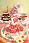  absurdres aili_(aliceandoz) alternate_costume alternate_headwear blurry bonnet cake character_doll cookie cup depth_of_field food fruit hair_ribbon highres kijin_seija lavender_hair lolita_fashion looking_at_viewer mary_janes minigirl open_mouth ribbon saucer shoes short_hair sitting solo strawberry sukuna_shinmyoumaru tablecloth teacup teapot touhou tress_ribbon wariza yellow_eyes 