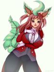  2015 anthro big_breasts blush breasts clothed clothing eeveelution female gloves green_skin hair hi_res jacket leafeon long_hair looking_at_viewer nintendo open_mouth pants pastelletta pok&eacute;mon pok&eacute;morph red_eyes red_hair simple_background smile solo standing tight_clothing video_games white_background wide_hips yellow_skin 