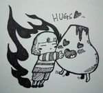  &lt;3 &lt;3_eyes ambiguous_gender black_and_white blush duo english_text eyes_closed fire hug human mammal monochrome open_mouth pen_(artwork) protagonist_(undertale) sketch text traditional_media_(artwork) undertale volcano vono vulkin young 