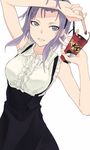  bad_id bad_twitter_id black_eyes center_frills dagashi_kashi furukawa_wanosuke grin hairband high-waist_skirt holding purple_hair shidare_hotaru skirt smile solo suspender_skirt suspenders white_background 