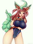  2015 anthro big_breasts blush breasts clothed clothing eeveelution female gloves green_skin hair hi_res leafeon long_hair looking_at_viewer nintendo open_mouth pastelletta pok&eacute;mon pok&eacute;morph red_eyes red_hair simple_background smile solo standing swimsuit tight_clothing video_games white_background wide_hips yellow_skin 