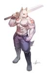  6graycloudp abs biceps bigger_version_at_the_source canine clothing male mammal melee_weapon muscular nipples pecs solo sword weapon wolf 