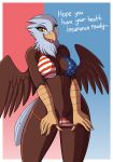  2018 absurd_res anthro avian bald_eagle beak bikini bird breasts brown_feathers clothing dialogue digital_media_(artwork) drako1997 eagle english_text eyelashes feathered_wings feathers female flag_bikini healthcare_eagle hi_res looking_at_viewer navel nipple_bulge non-mammal_breasts pussy solo swimsuit text tongue tongue_out united_states_of_america white_feathers wings yellow_beak yellow_eyes 