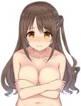  absurdres blush breasts brown_hair cleavage collarbone covering covering_breasts highres idolmaster idolmaster_cinderella_girls large_breasts long_hair mizukoshi_(marumi) navel nude one_side_up shimamura_uzuki simple_background solo teardrop upper_body wavy_mouth white_background yellow_eyes 