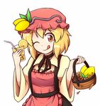  ;q aki_minoriko apron basket blonde_hair cinnamon_stick clove commentary cup drinking_glass drinking_straw food fruit hat lemon lemonade licking_lips long_sleeves mob_cap one_eye_closed red_apron red_eyes shirt skirt smile solo tongue tongue_out touhou wide_sleeves wool_(miwol) 