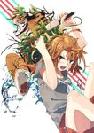  angry berries blush branch brown_hair commentary green_eyes hair_brush hair_brushing highres hitogome leaf messy_hair open_mouth original shirt shorts solo t-shirt tiger water 