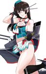  bad_id bad_pixiv_id bangs bare_shoulders black_hair black_legwear breasts choker choukai_(kantai_collection) crop_top glasses gloves hat hat_ribbon highres kantai_collection kneehighs large_breasts leg_up long_hair looking_at_viewer microskirt midriff navel neckerchief red_eyes remodel_(kantai_collection) ribbon rimless_eyewear ruuto_(sorufu) school_uniform sideboob simple_background skirt smile solo turret white_background 