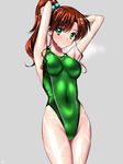  adjusting_hair arena_(company) arms_up bishoujo_senshi_sailor_moon blush breasts brown_hair collarbone competition_swimsuit covered_navel earrings green_eyes grey_background groin hair_bobbles hair_ornament highleg highleg_swimsuit jewelry kino_makoto large_breasts long_hair one-piece_swimsuit ponytail sen_(sansui) shiny shiny_clothes shiny_hair signature simple_background solo sparkle swimsuit tying_hair wet 