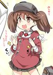  absurdres admiral_(kantai_collection) brown_hair flat_chest highres kantai_collection ryuki_(ryukisukune) ryuujou_(kantai_collection) solo_focus translated twintails visor_cap 